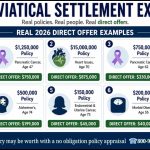 Infographic showing 2026 viatical settlement examples with policy values, health conditions, and direct offer amounts across multiple real cases.