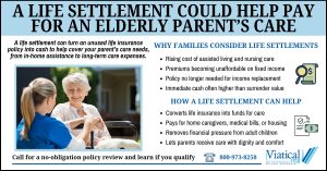 Infographic explaining how a life settlement could help pay for an elderly parent’s care by converting life insurance into funds for medical and assisted living costs.