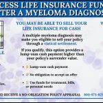 Infographic explaining how to access life insurance funds after a myeloma diagnosis, including treatment overview, eligibility, and settlement process.