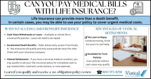 Infographic explaining “Can You Pay Medical Bills With Life Insurance?” showing different ways policies can be used, including cash value withdrawals, accelerated death benefits, and viatical settlements.