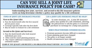 Infographic answering the question can you sell a joint life insurance policy for cash, explaining first-to-die policies, joint and survivor policies, and second-to-die life insurance policies, and outlining when policyowners may consider a life settlement instead of letting a policy lapse