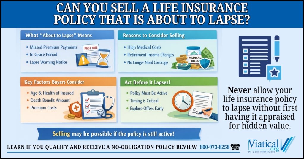 Infographic explaining “Can you sell a life insurance policy that is about to lapse?” showing that an active policy in a grace period may still be sold and outlining key factors buyers consider and the importance of acting before lapse.