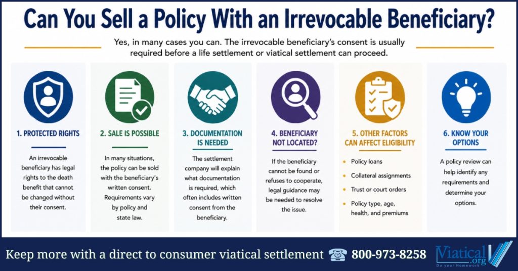 Infographic explaining can you sell a policy with an irrevocable beneficiary, including when beneficiary consent may be required, factors that affect eligibility, and what to expect during the life settlement process.