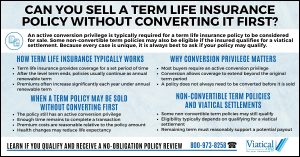 Infographic explaining can you sell a term life insurance policy without converting it first, including the role of conversion privileges and when non-convertible term policies may qualify through a viatical settlement.