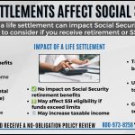 Infographic that answers the question “Do life settlements affect Social Security?” showing that life settlement payouts do not affect retirement benefits but can impact SSI eligibility and taxable income, with tips to plan ahead.