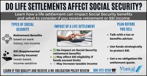Infographic that answers the question “Do life settlements affect Social Security?” showing that life settlement payouts do not affect retirement benefits but can impact SSI eligibility and taxable income, with tips to plan ahead.