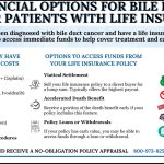 Infographic explaining financial options for bile duct cancer patients with life insurance, including treatments and ways to access policy funds.