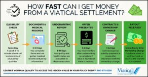 Timeline infographic answering the question “How Fast Can I Get Money from a Viatical Settlement?” including each step from eligibility to payout