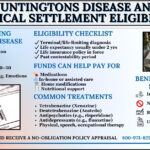 Infographic explaining Huntingtons Disease and viatical settlement eligibility including qualification factors and benefits