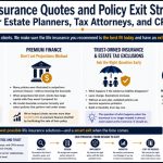 Infographic titled “Life Insurance Quotes and Policy Exit Strategies for Estate Planners, Tax Attorneys, and CPAs” showing policy design, premium finance analysis, trust-owned life insurance planning, and life insurance exit strategies for financial professionals.