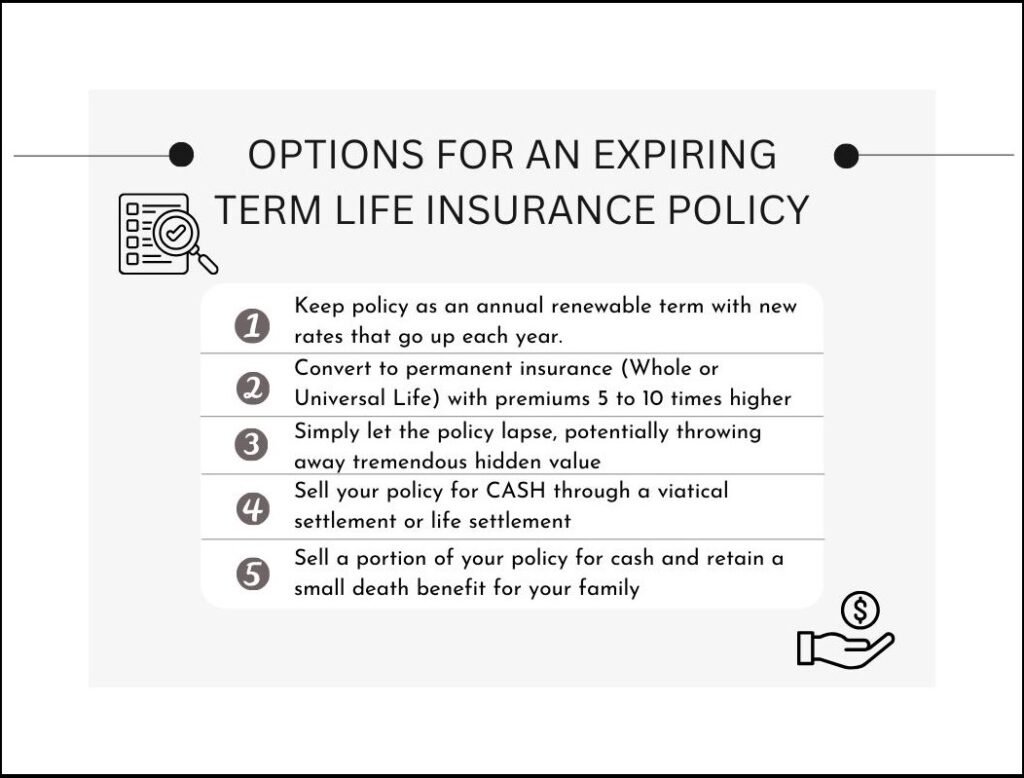 You have new options to sell your expiring term insurance for cash.  This infographic shows 5 options for expiring term insurance.