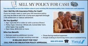 Infographic explaining how to sell my policy for cash, including eligibility criteria and policy types that qualify.