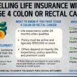 Infographic explaining how selling life insurance with stage 4 colon or rectal cancer can provide cash through a viatical settlement, with key facts and considerations for policyholders.