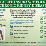 Infographic illustrating the process and benefits of selling a life insurance policy with chronic kidney disease, including qualifying CKD stages and common treatments