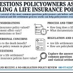 Infographic highlighting financial considerations, family concerns, eligibility questions, process and timing, and consumer protections from the top 20 questions policyowners ask before selling a life insurance policy.