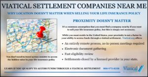 Infographic titled "Viatical Settlement Companies Near Me" explaining why location doesn’t matter and highlighting the benefits of a remote process.