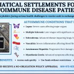 Infographic explaining viatical settlements for autoimmune disease patients, highlighting how policies can be sold for cash, examples of qualifying conditions, and key benefits like fast payouts and no premium payments