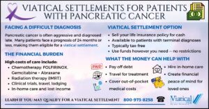 Infographic explaining viatical settlements for patients with pancreatic cancer, highlighting diagnosis, treatment costs, and how selling a life insurance policy can provide financial relief
