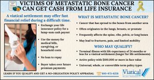 Infographic explaining how victims of metastatic bone cancer can get cash from life insurance through a viatical settlement.