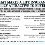 Infographic explaining what makes a life insurance policy attractive to buyers and how factors like policy type, age, health changes, and premiums can affect eligibility.